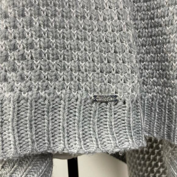 Calvin Klein | OS Gray & Silver Metallic Chunky Knit Pullover Poncho Sweater - Picture 10 of 14